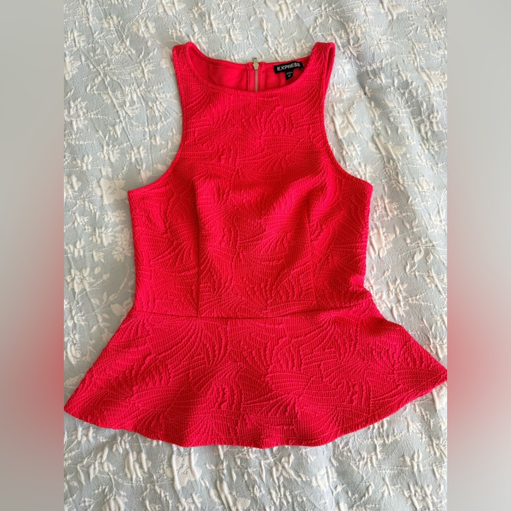 Express Women's Vibrant Coral Textured Peplum Top